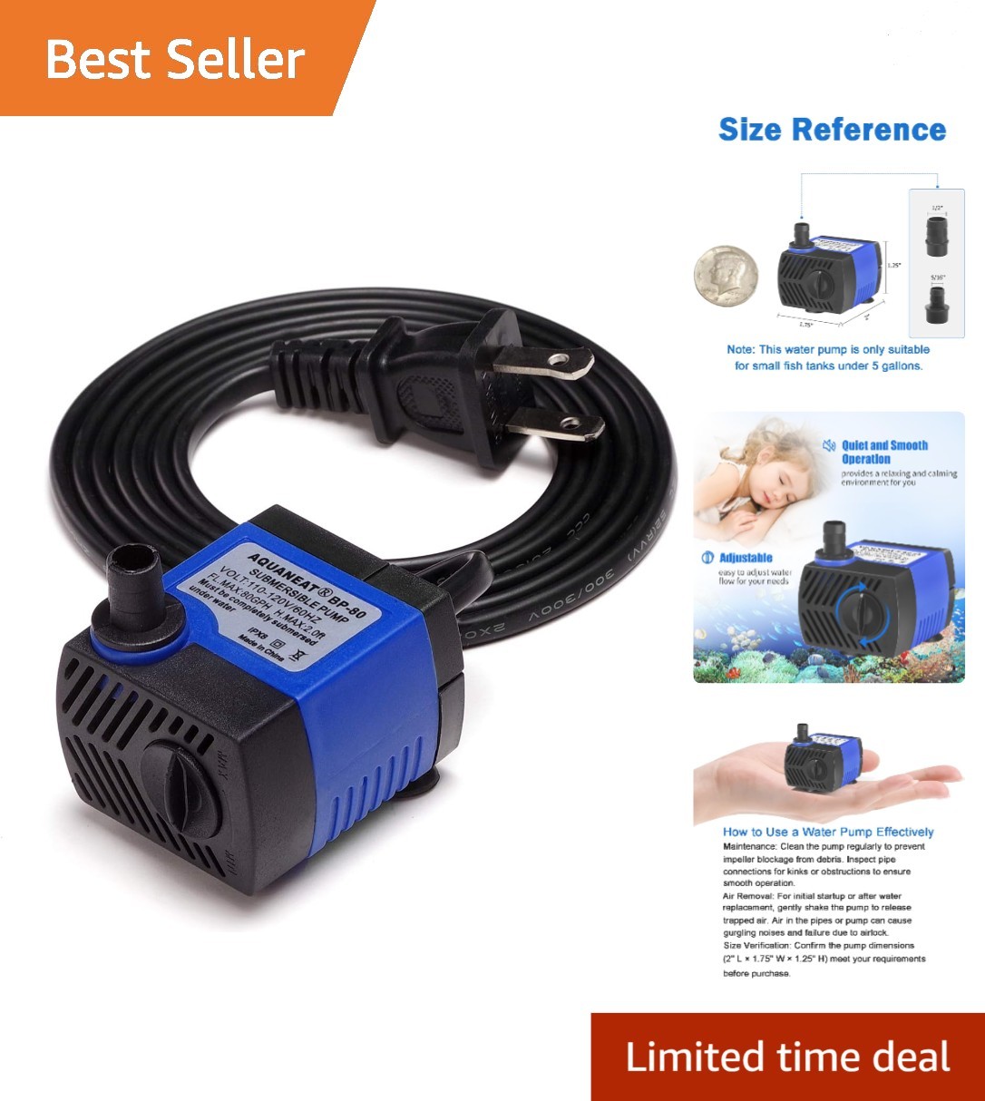 Mini Submersible Fountain Pump 80 GPH for Small Fish Tanks & Water Features