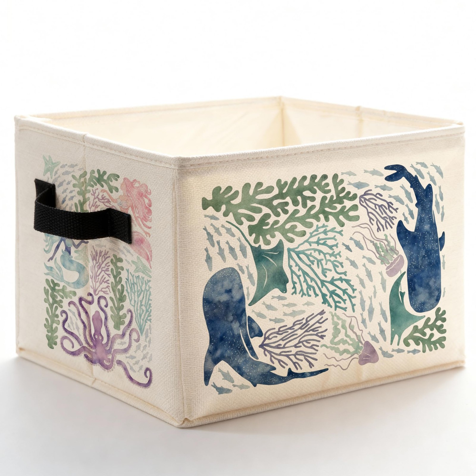 Coastal Beach Sea Animal Storage Bins with Handles, Ocean Mermaid Octopus Wha...