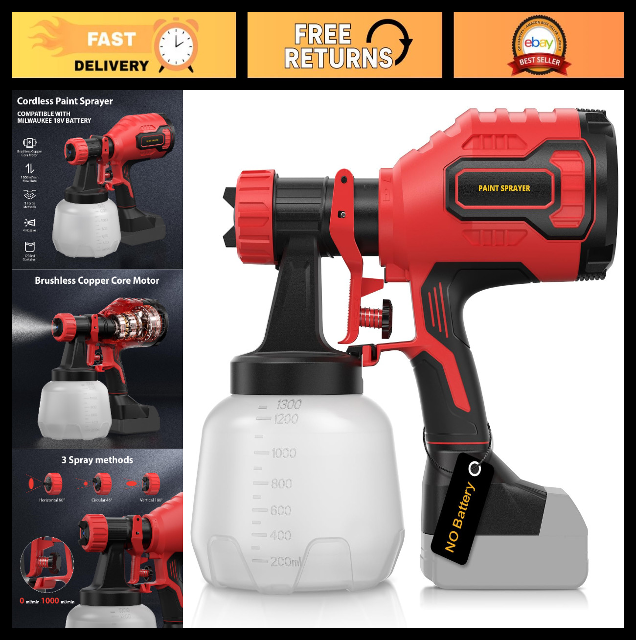 Cordless HVLP Paint Sprayer - 1000ml/min Flow, 1200ml Container, Brushless Motor