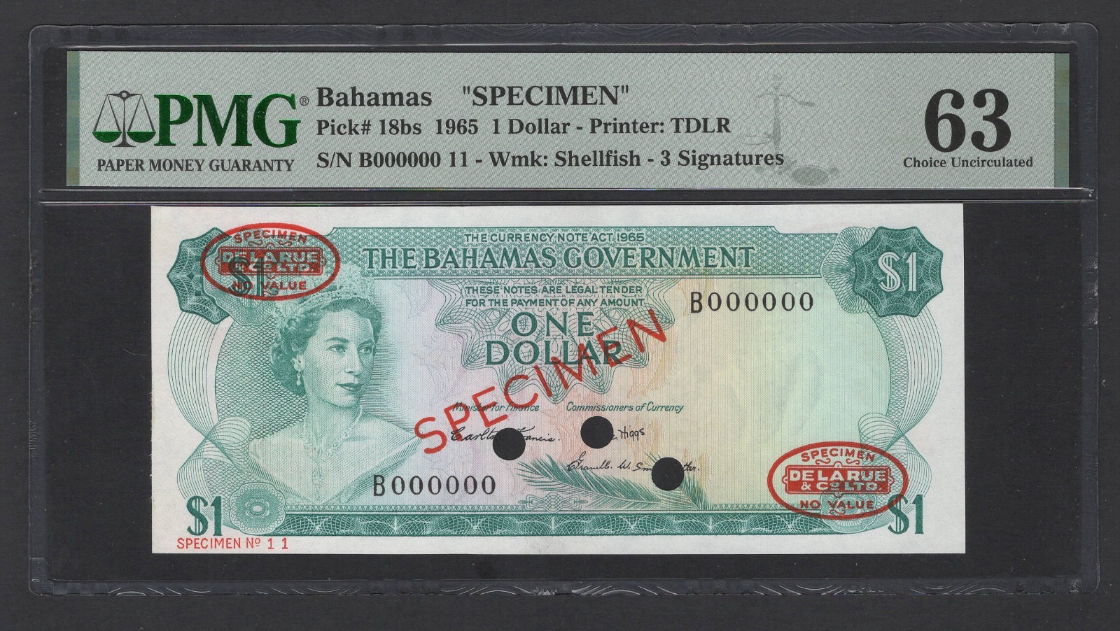 Bahamas One Dollar 1965 P18bs "Specimen" Uncirculated Grade 63