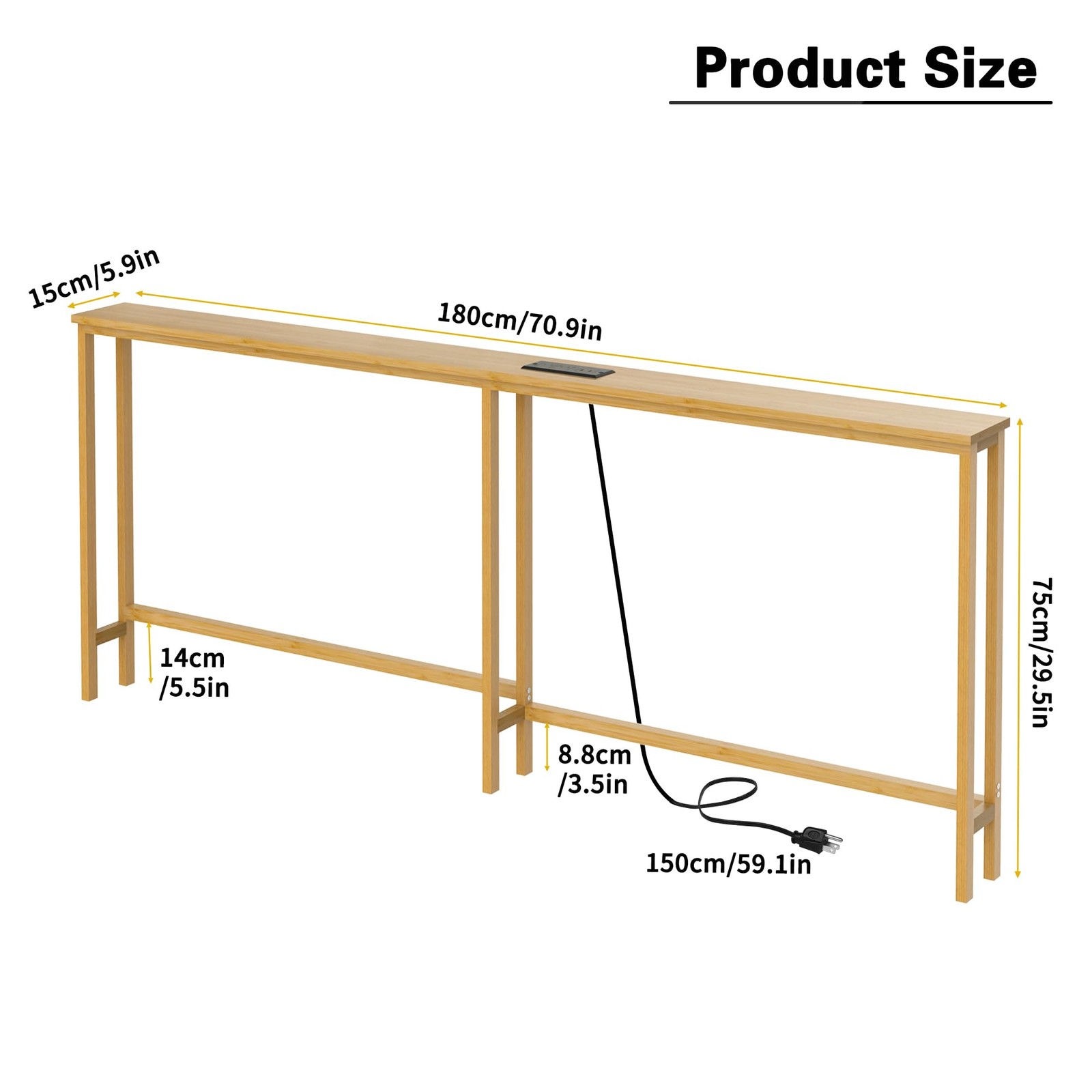 70.9 Inch Narrow Console Table with Outlet,Bamboo Behind Couch Sofa Table,Ski...