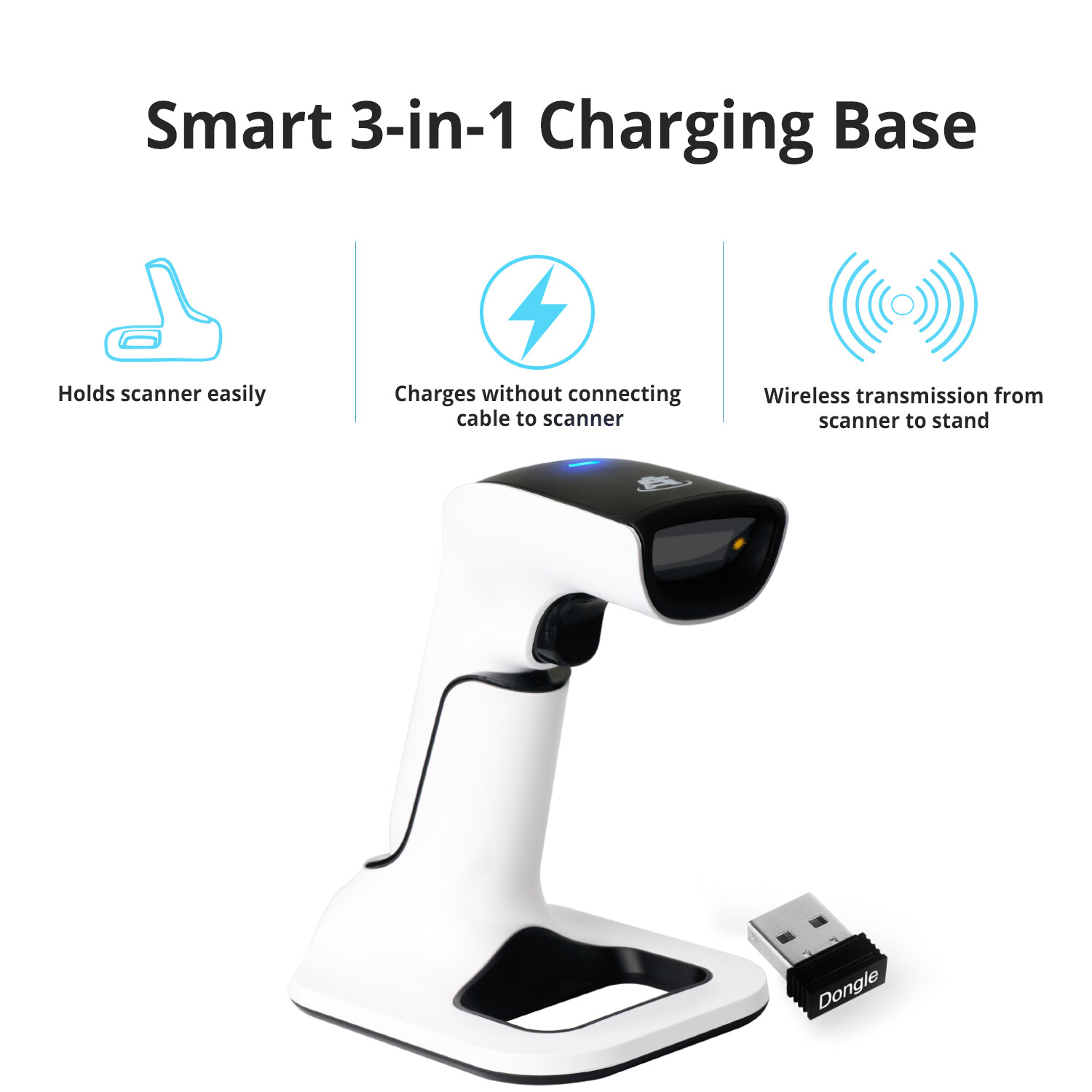 1D/2D Wireless Bluetooth Barcode Scanner: 3-in-1 with stand, USB QR Code Reader
