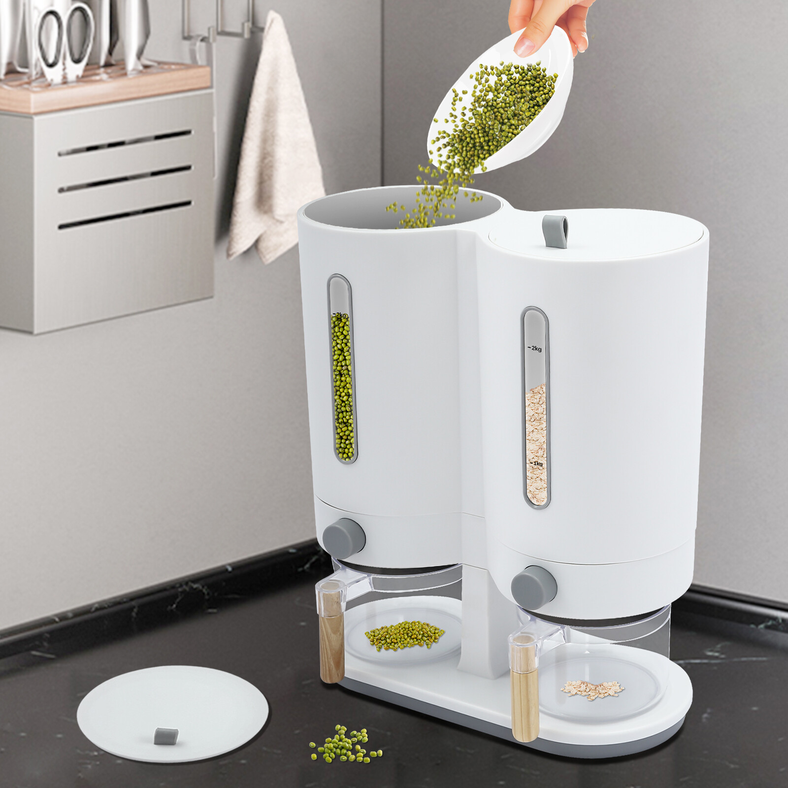 Dual Rice Dispenser Large Capacity Dry Food Dispenser with2 Measuring Cups