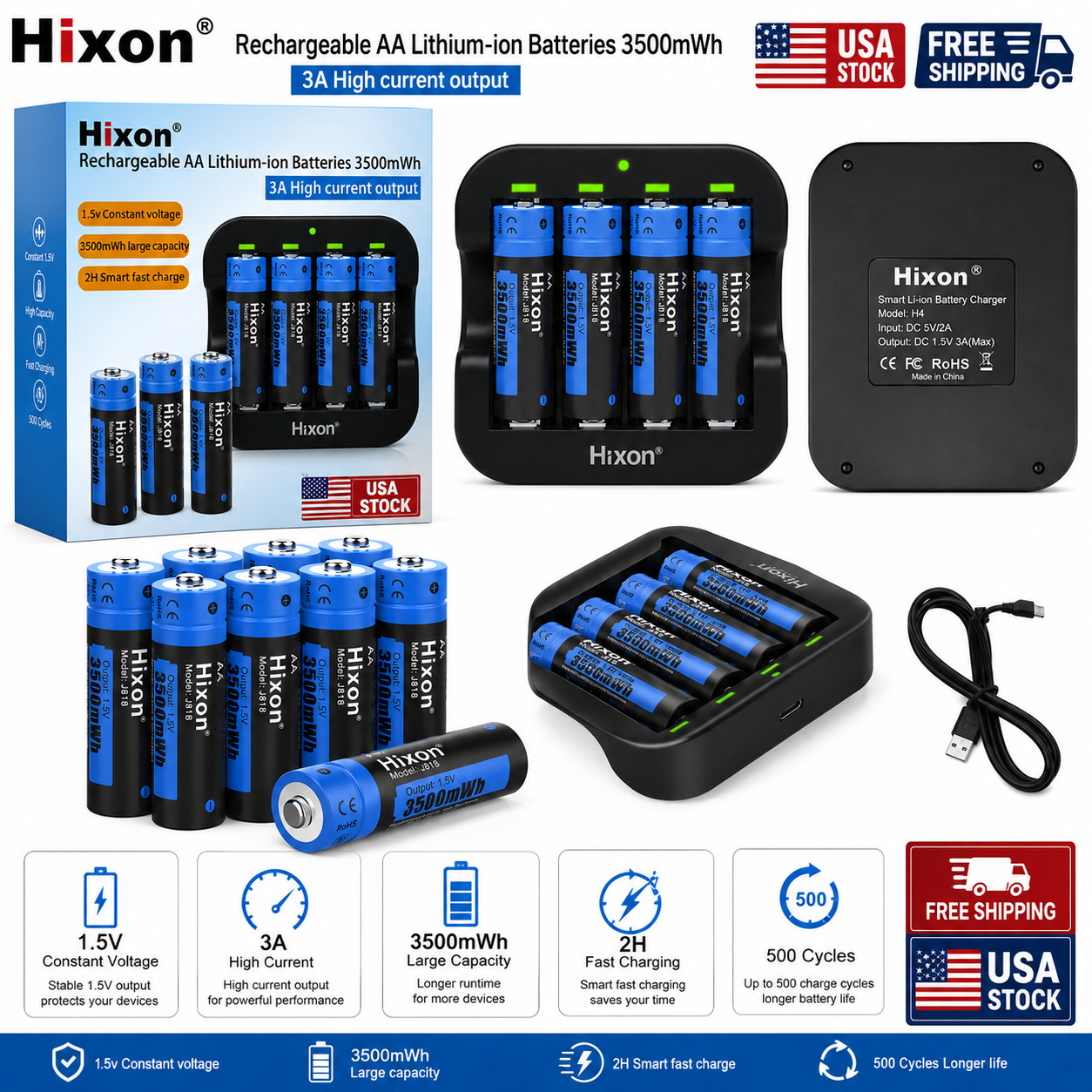 Hixon AA 1.5V Li-ion Rechargeable Battery 3500mWh 1.5V Lithium AA