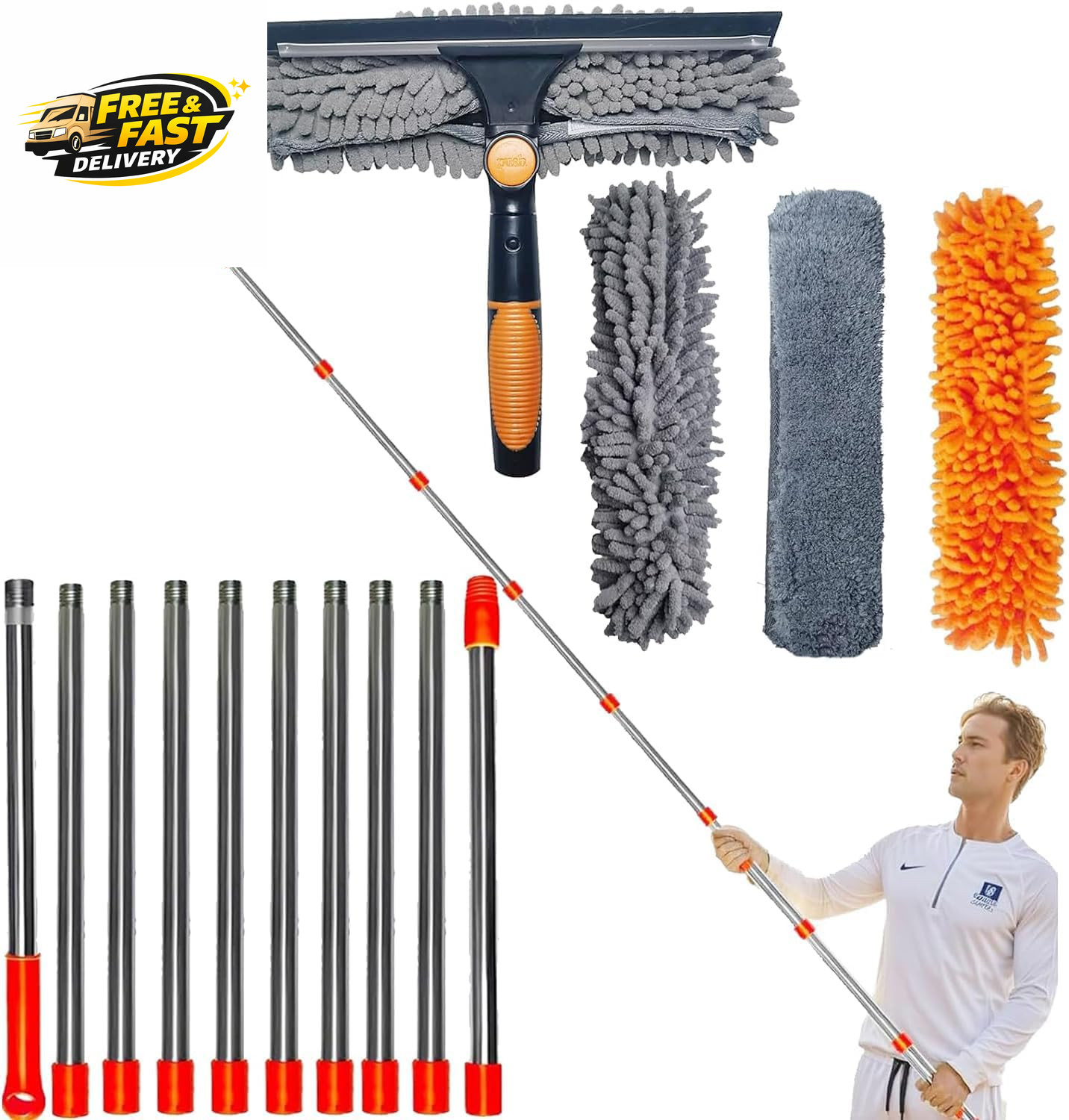 20 Ft+ Reach Squeegee Window Cleaner Duster 2 in 1 Rotatable Window Cleaning Too