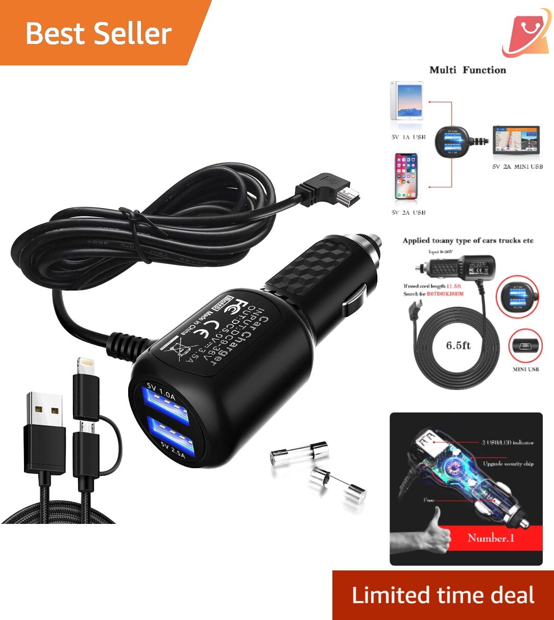 Car Charger USB Cable for Gar'min Nuvi GPS Dashcam Fast Charging 6.5ft