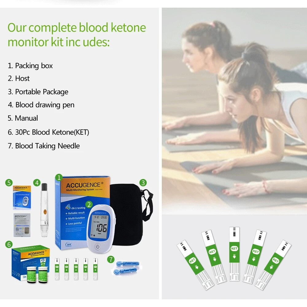5 Second 3in1 Home Blood Ketone Tester Blood Glucose Meter Uric Acid Test xfd