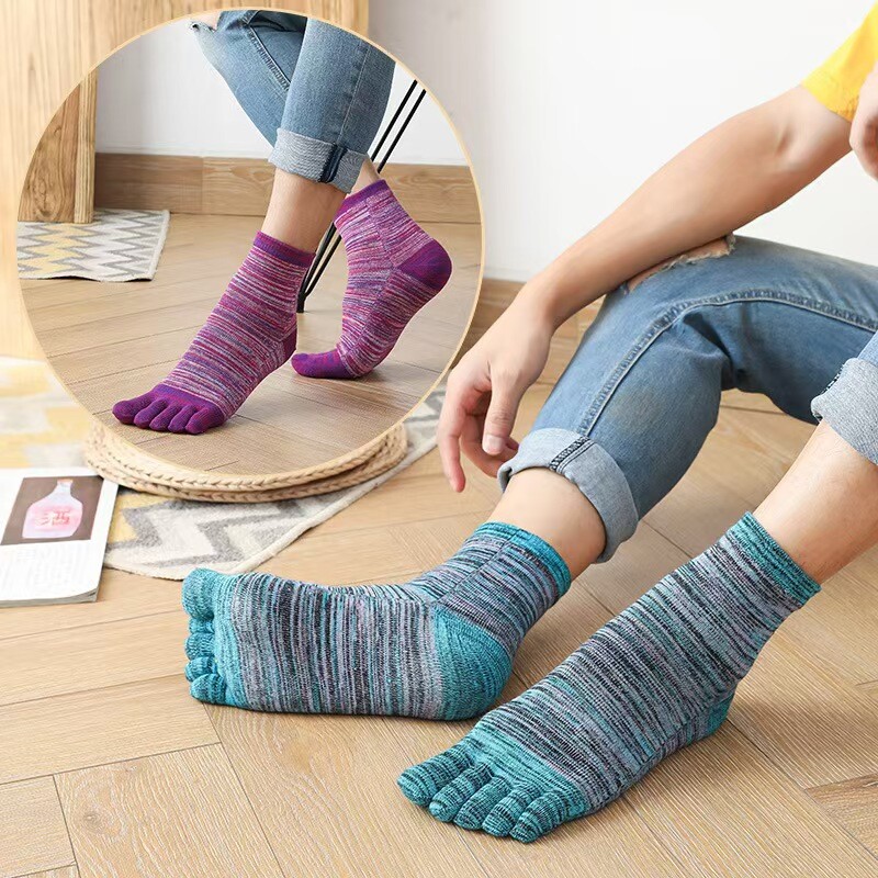 5Pack Men Crew Five Finger Toe Striped Design Solid Sport Calf Cotton Work Socks