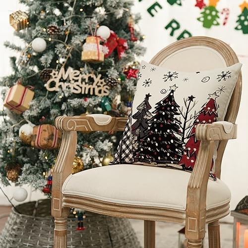 Merry Christmas Joy Xmas Trees Red Throw 18" x 18" (Pack of 4) Red&black