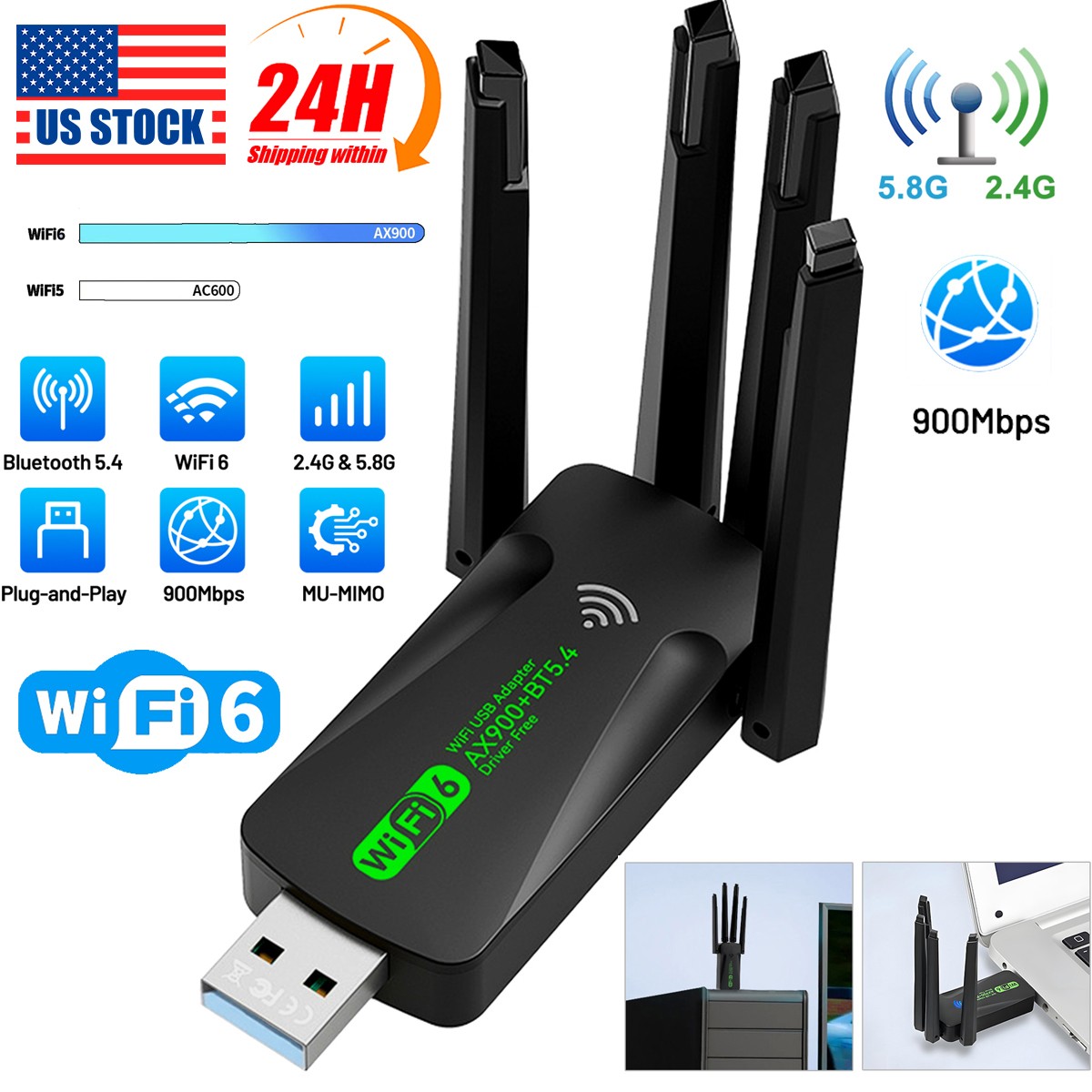 USB Wireless 5.4 Adapter 100M Long Range Wireless Dongle EDR For PC & Desktop