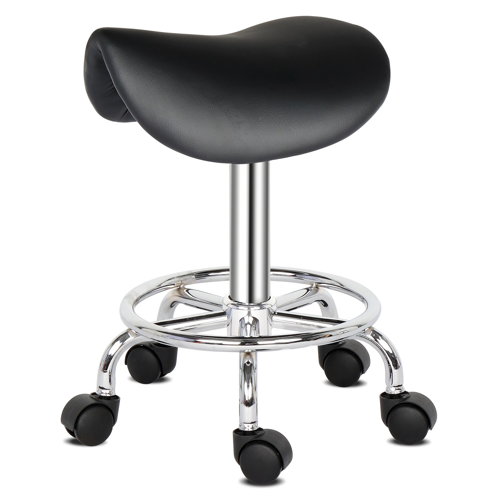 360° Swivel Bar Stool, Black PU Leather, 5 Casters, 20-25.6" Height Adjustable