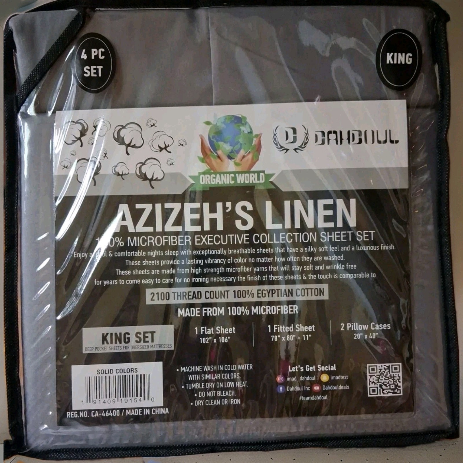 4 PC Azizeh's Linen. King.. Sheet Set- GREY- NEW..  Organic 2100 Thrd CT.