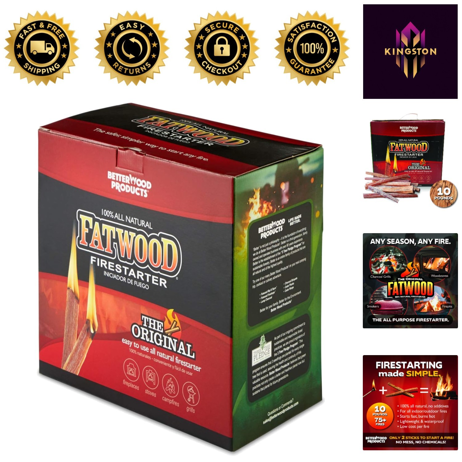Betterwood 10 lb Natural Pine Fatwood Firestarter - Non-Toxic & Water Repellent