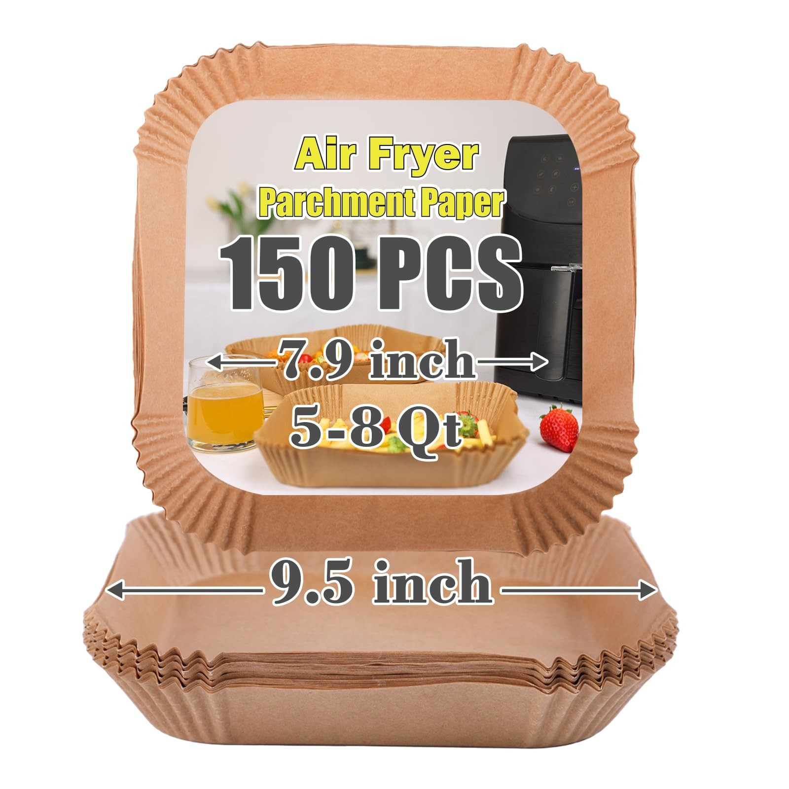 Fryer Square Liners Disposable Large 150 Pcs for 5 to 8 Qt Basket, 7.9 inch U...