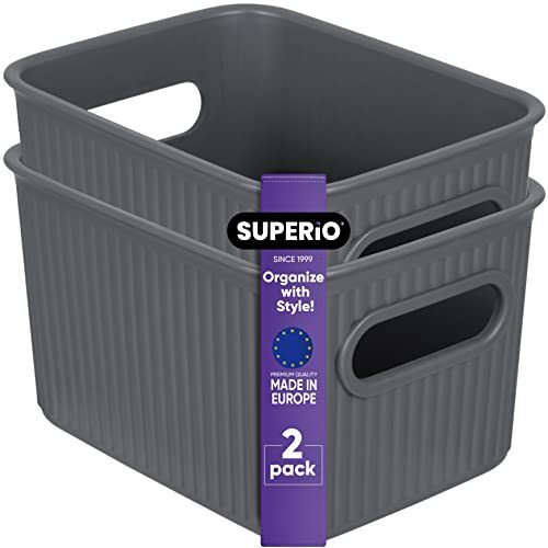Superio 1.5 L Mini Ribbed Storage Bin- Plastic Storage Basket (Grey, 2 Pack)
