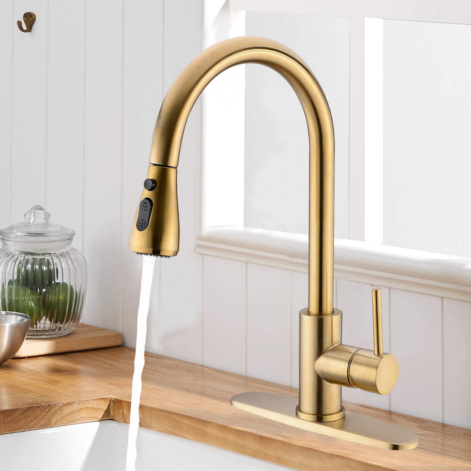 Kitchen Sink Faucet Brushed Gold Pull Down Sprayer Single Handle Mixer w/Cover