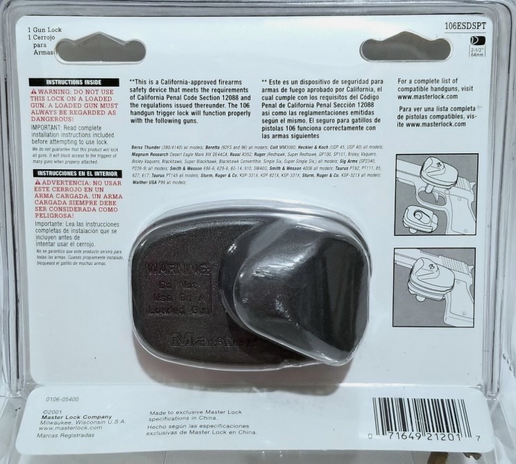 MASTER LOCK The Original Gunlock 106ESDSPT Keyed Handgun Trigger Lock NOS