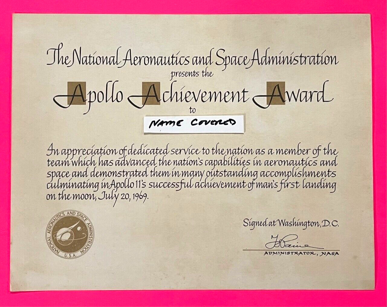 APOLLO 11 NASA PRESENTED ACHIEVEMENT AWARD NAMED