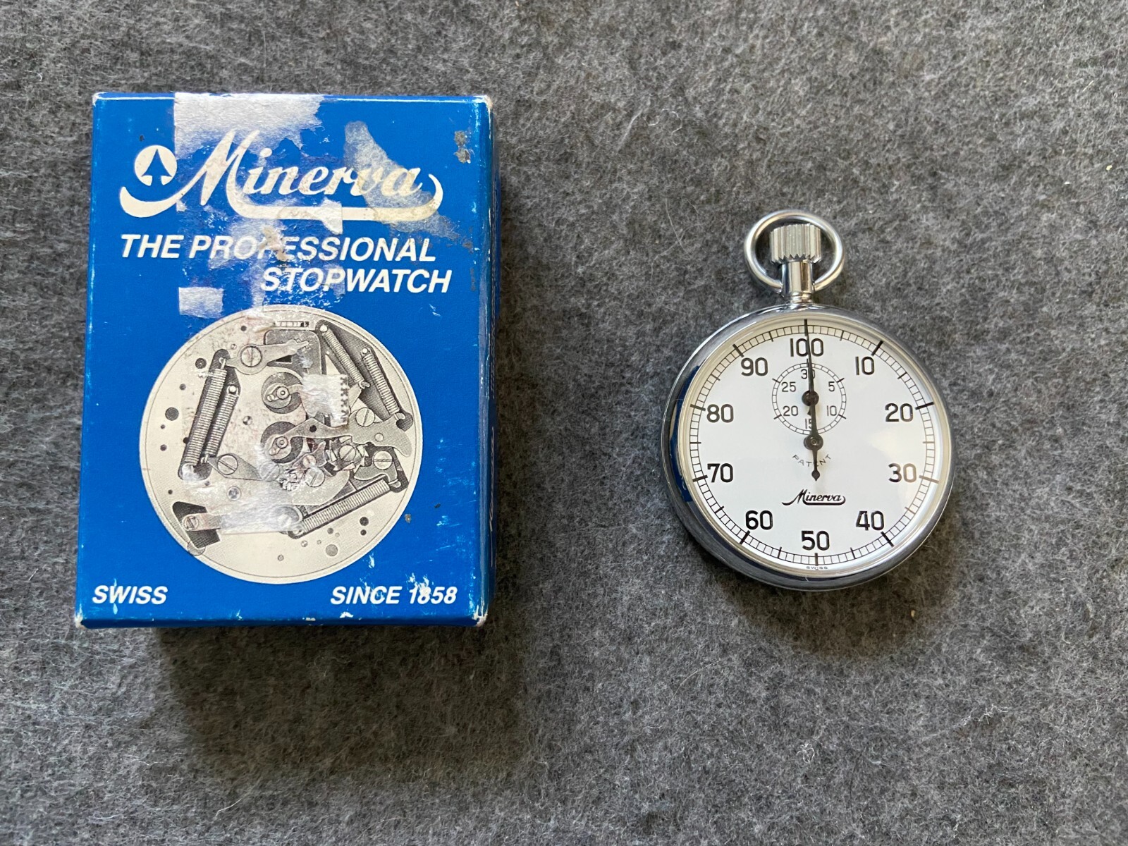 Swiss Made Minerva Vintage Mechanical Wind Up Stop Watch with the Box