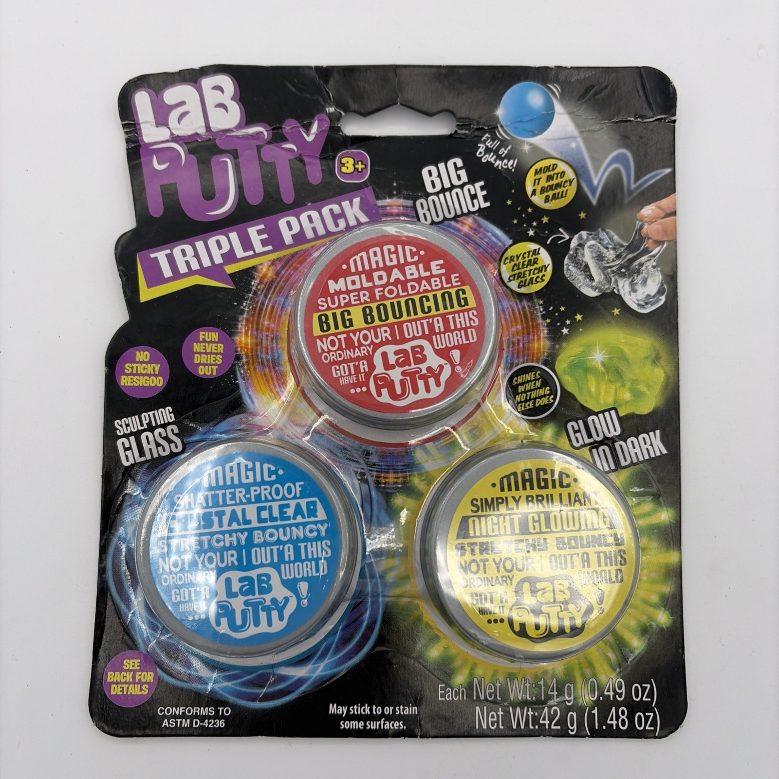 JA-RU Lab Putty Triple Pack Magic Night Glowing, Big Bouncing, Crystal Clear NEW