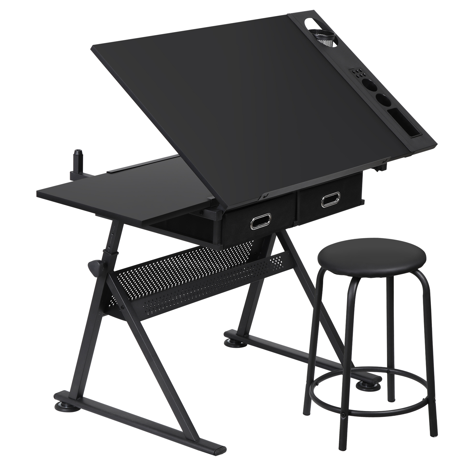 Drafting Table Adjustable Drawing Artist Desk Tilted Tabletop w/2 Drawers Stool
