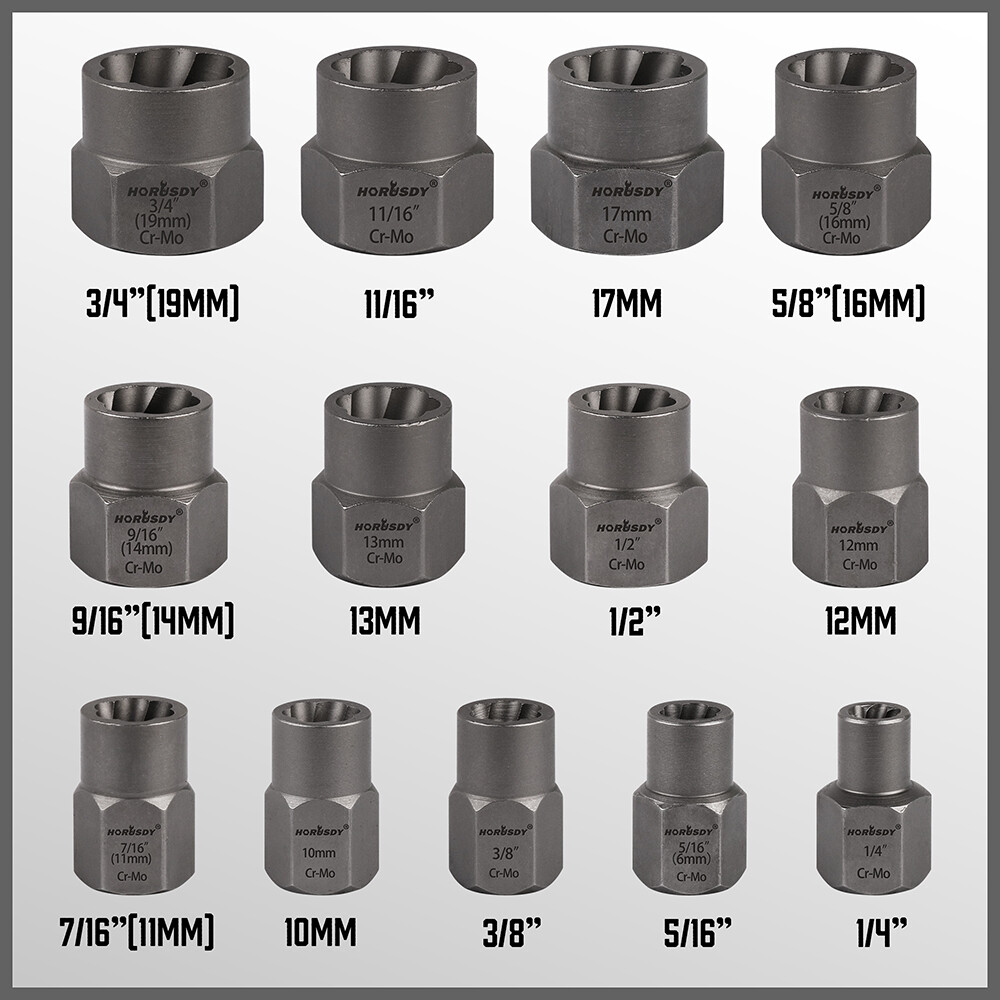 15PC Impact Bolt Nut Remover Extractor Socket Tool Set for Damaged Rusted Frozen