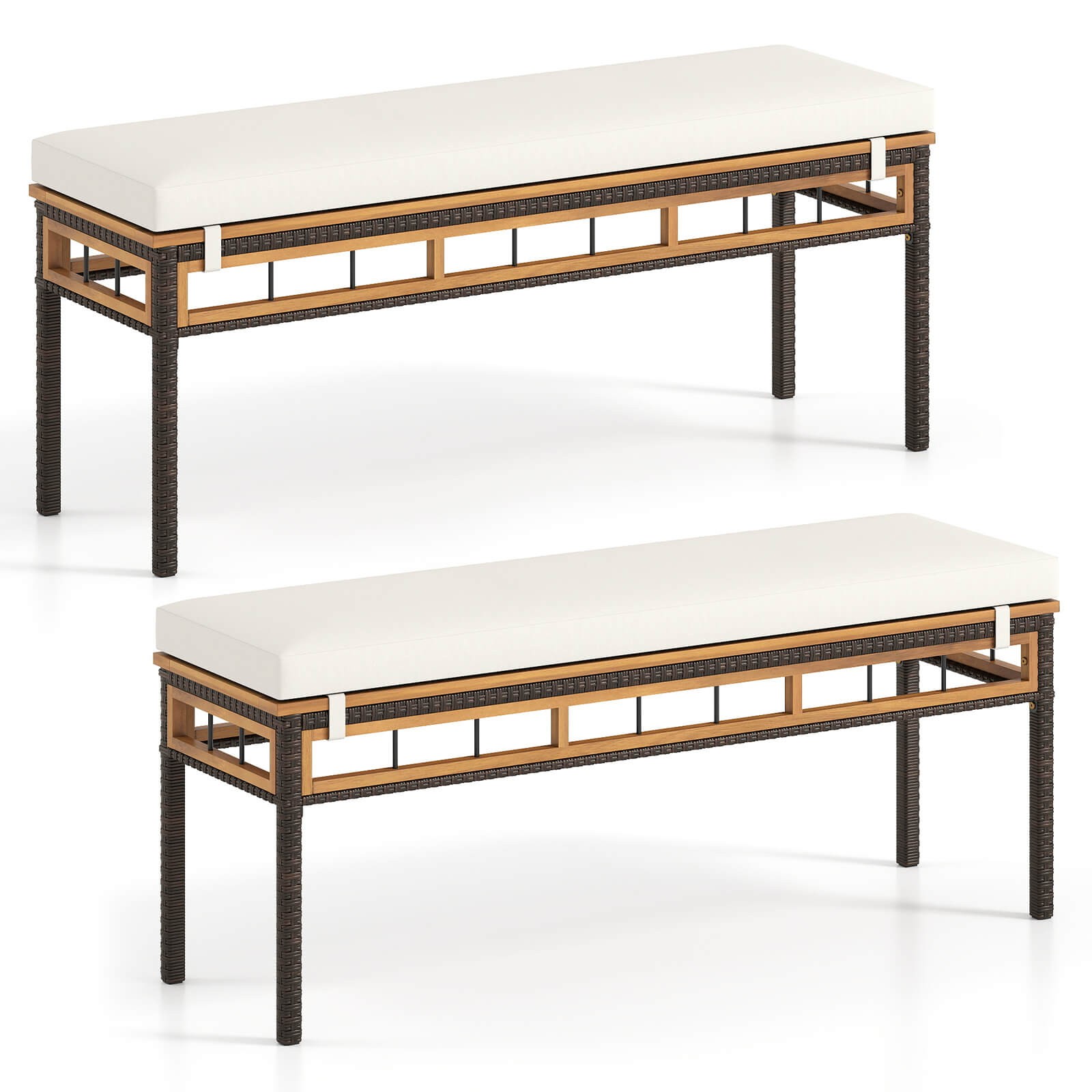 2PCS 48” Wicker Patio Bench w/Acacia Wood Seat Removable Padded Cushion for Deck