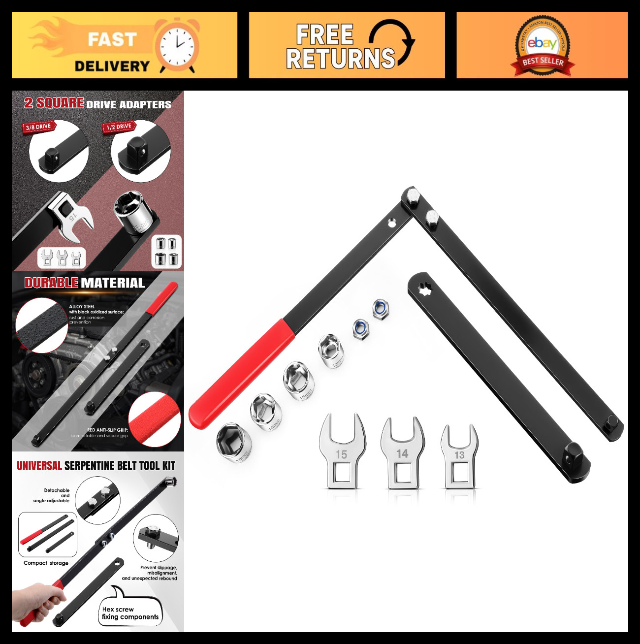 12pc Universal Serpentine Belt Tool Kit - Drive Wrench Set, Sockets & Crowfoot f