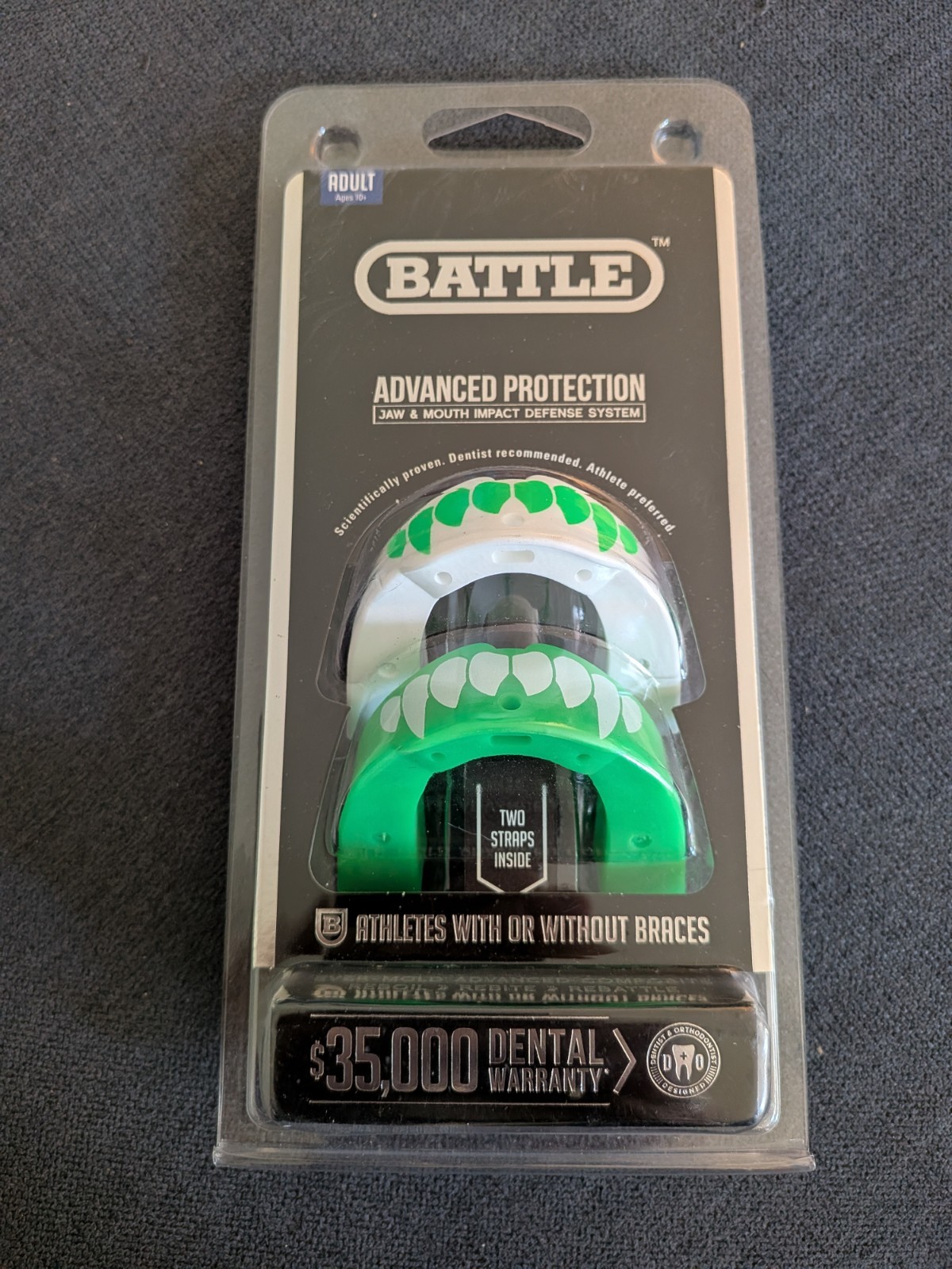 Battle Athletes Sports Mouth Guard Fang Edition Adult  White/Green 2 Pcs