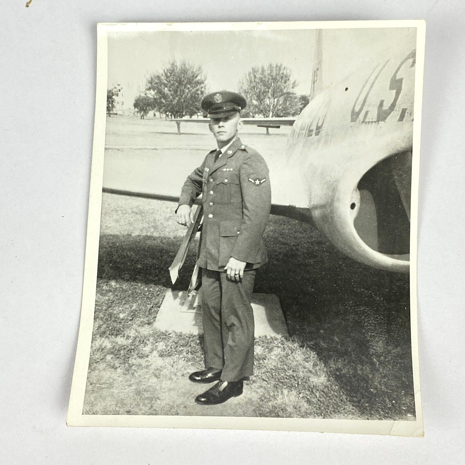 Photo Soldier Posing Military Aircraft Plane Snapshot Display Vintage