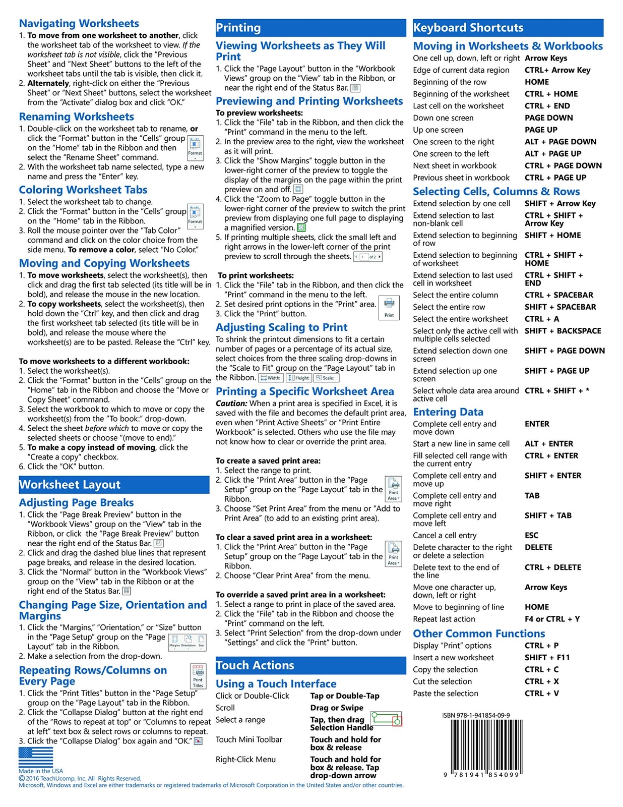 Excel 2016 Training Guide Quick Reference Card 4 Page Cheat Sheet Instructions