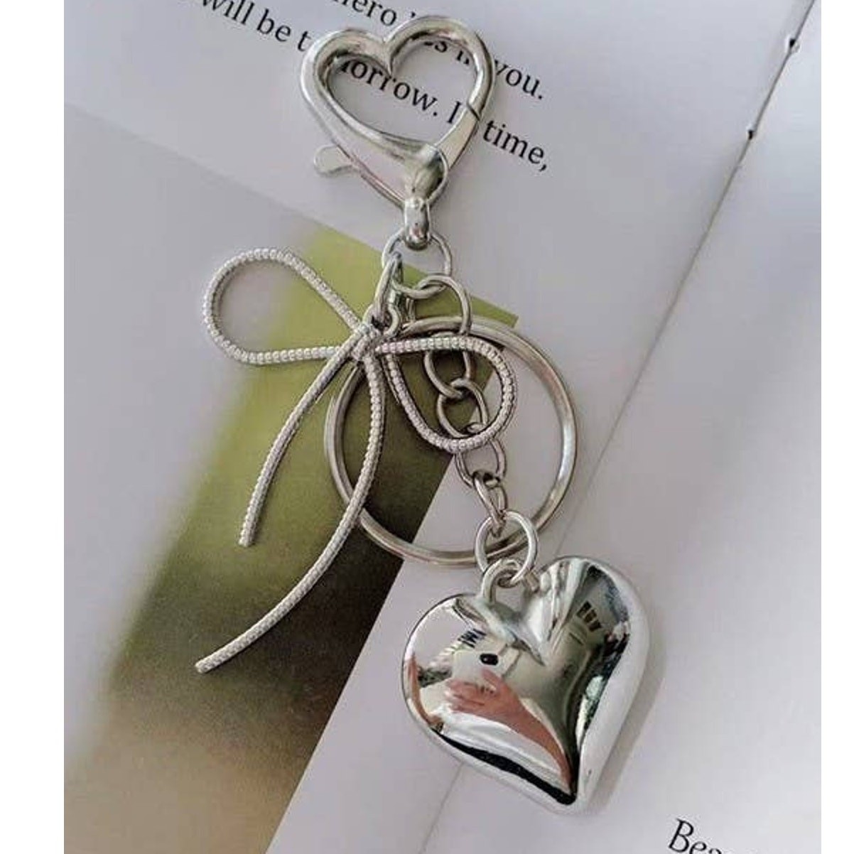 Silver Heart Bow Bag Charm Keychain Key Ring
