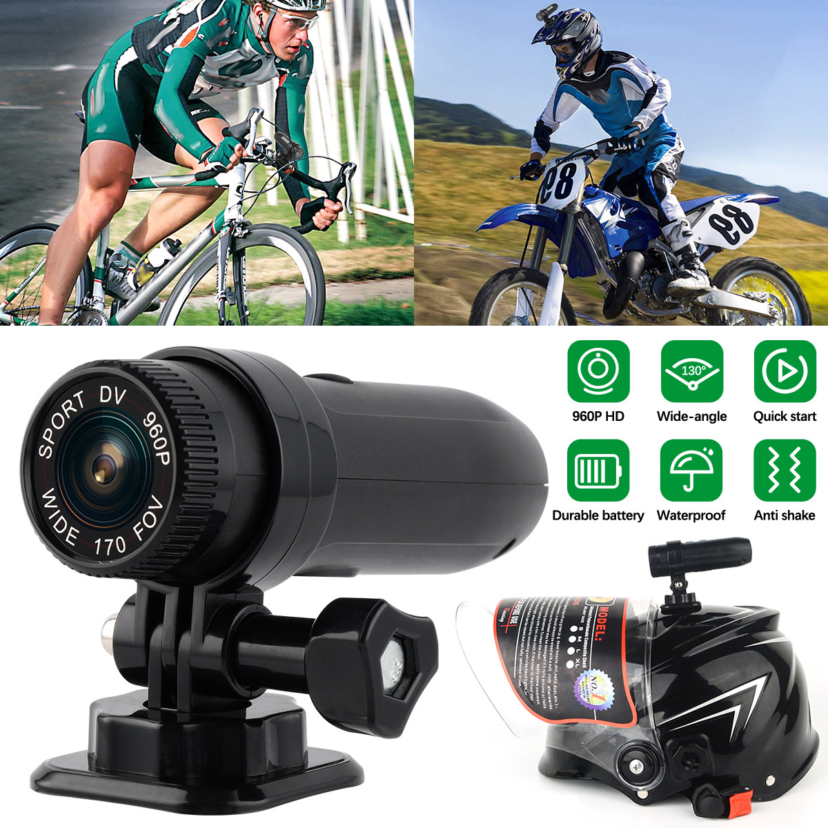 960P Sports Action Camera MotorCycle Bike Helmet Mini CAM Outdoor Video Recorder