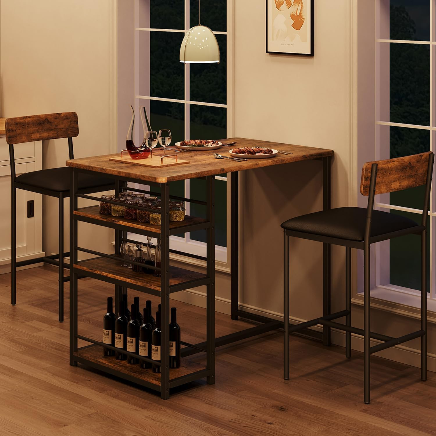 Dining Table Set for 2, Counter Height Kitchen Table with 2 Upholstered Bar Stoo