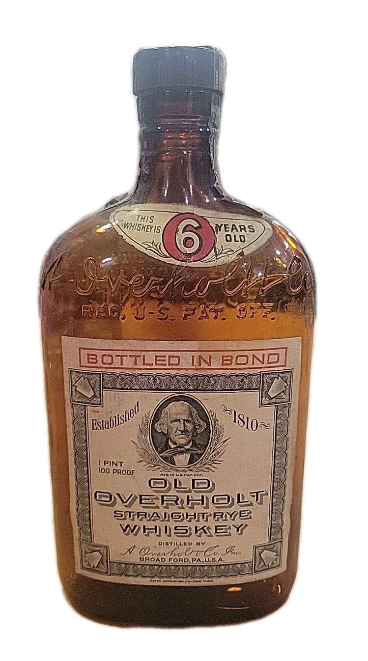 Vintage 1 Pint Old Overholt Straight Rye Whiskey Bottle