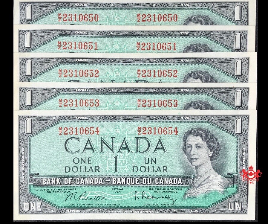 1954 Bank Of Canada 1$ Modified Beattie/Rasminsky 5x Consecutive Serie - AU58 -
