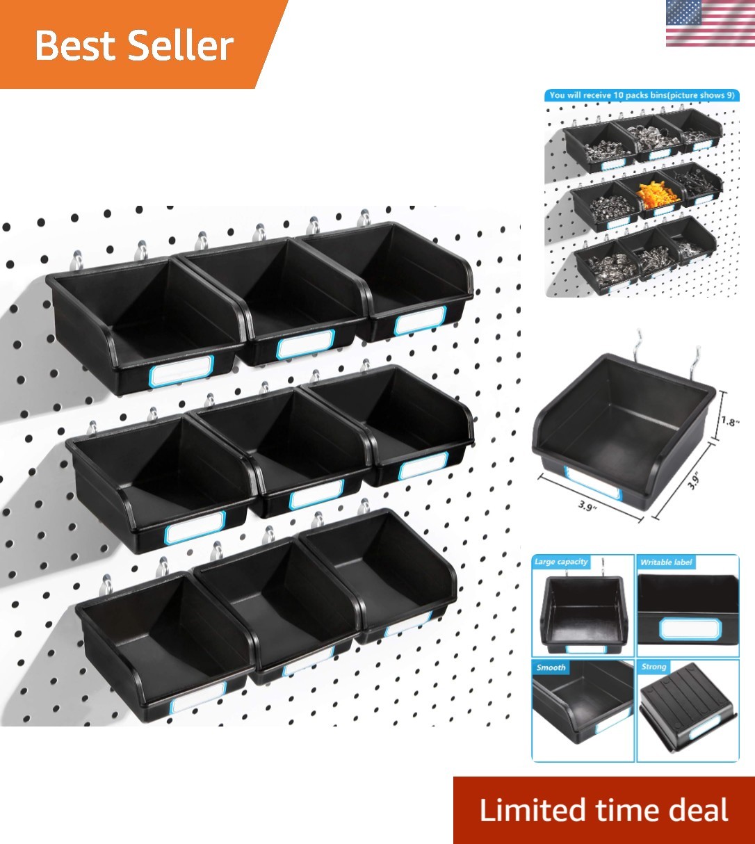 Pegboard Bins with Hooks and Labels, for Organizing Accessories, 10 Packs, Black