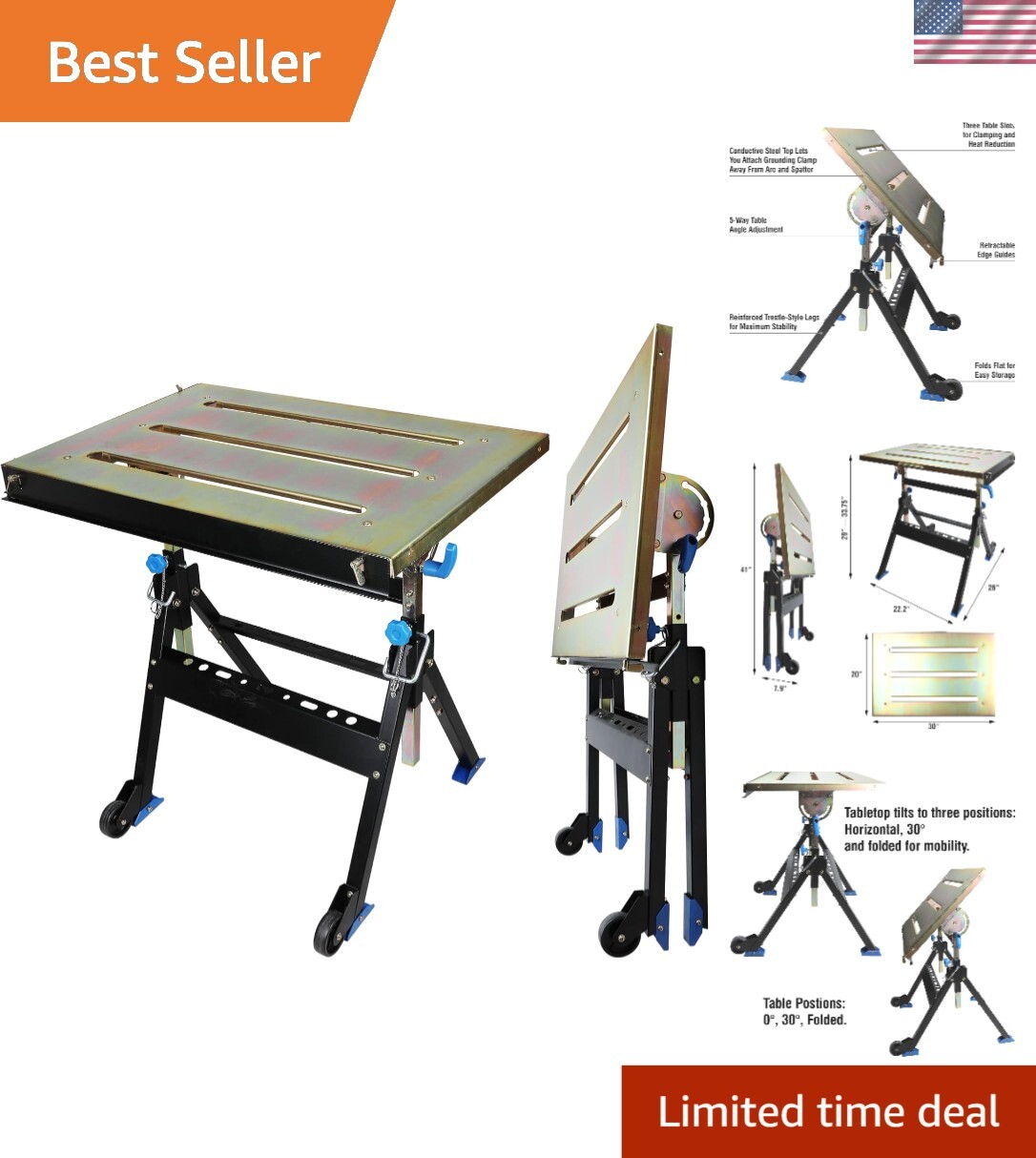 Compact Adjustable Welding Table with Carry Handle & Steel Stand - 30" x 20"