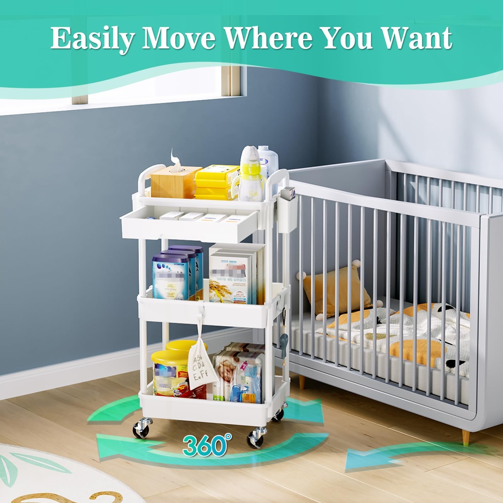 3 Tier Rolling Storage Cart with Drawer, Lockable Wheels, Bathroom & Kitchen Org