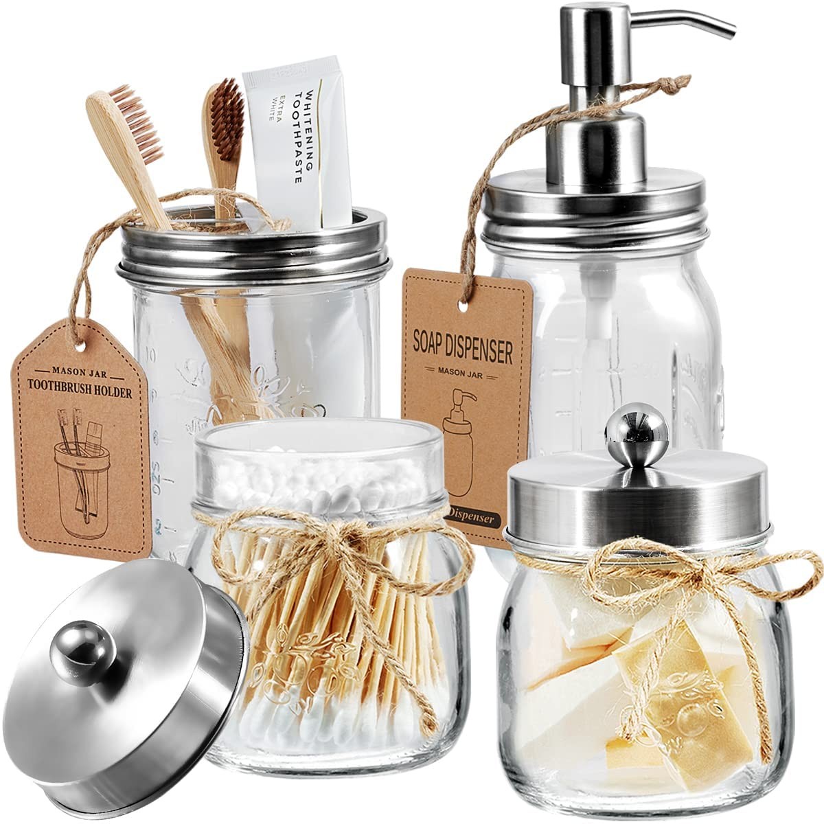 Mason Jar Bathroom Accessories Set(4 Pcs) -Lotion Soap Dispenser & 2 Qtip Hol...