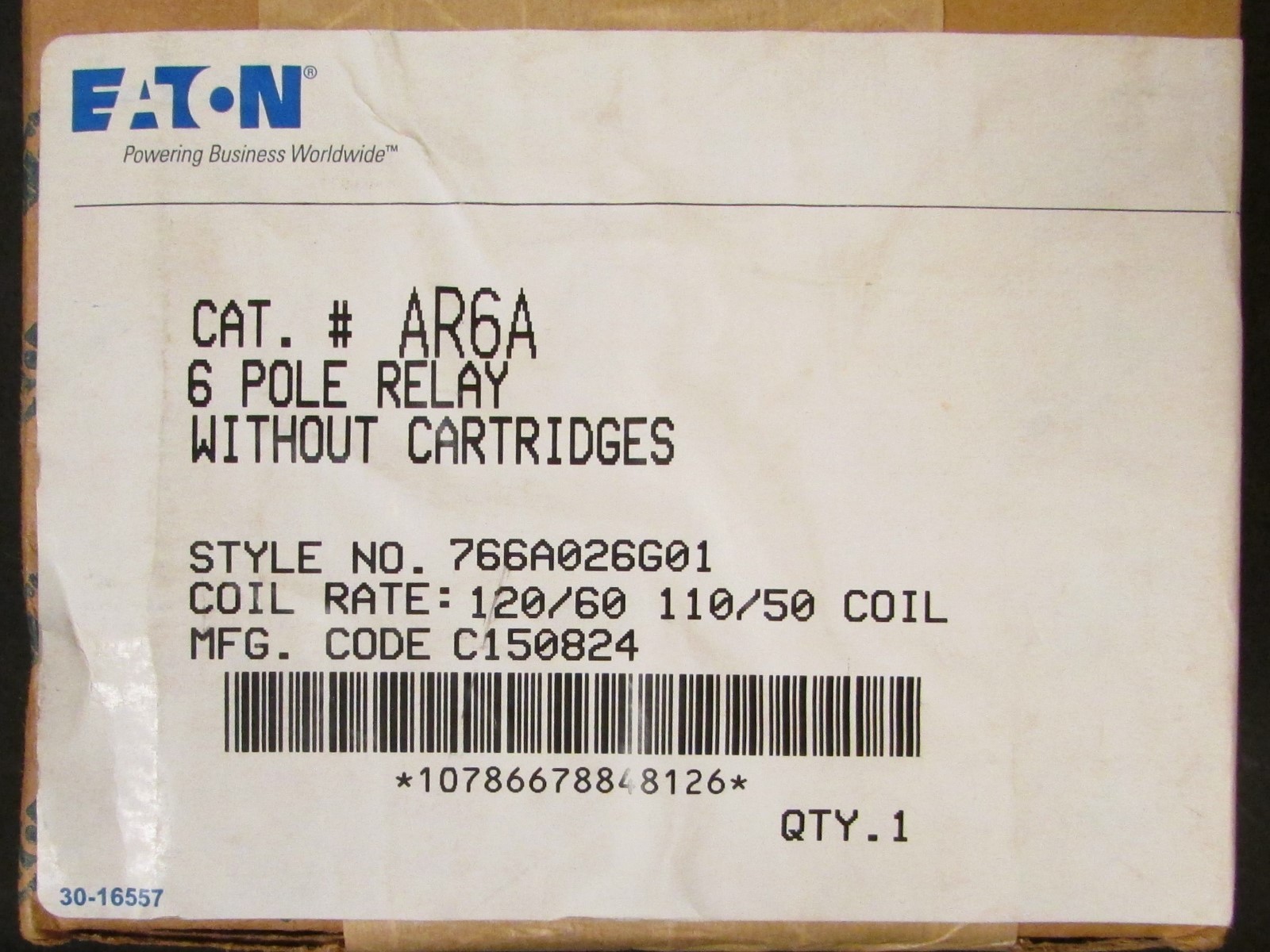 EATON CUTLER HAMMER AR6A 110/120V 6 Pole Relay 766A026G01 (Without Cartridges)