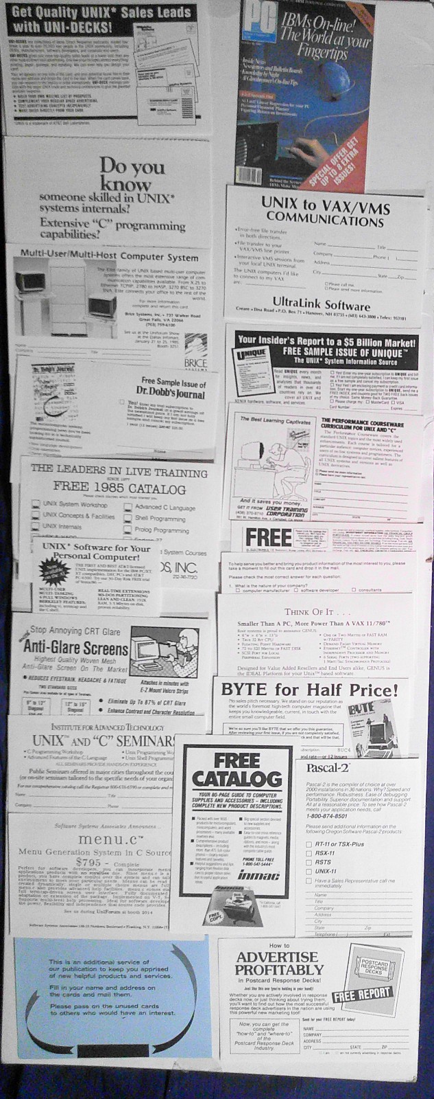 1985 UNI-DECK package - 20 Fast Action Direct Response Cards for UNIX and XENIX