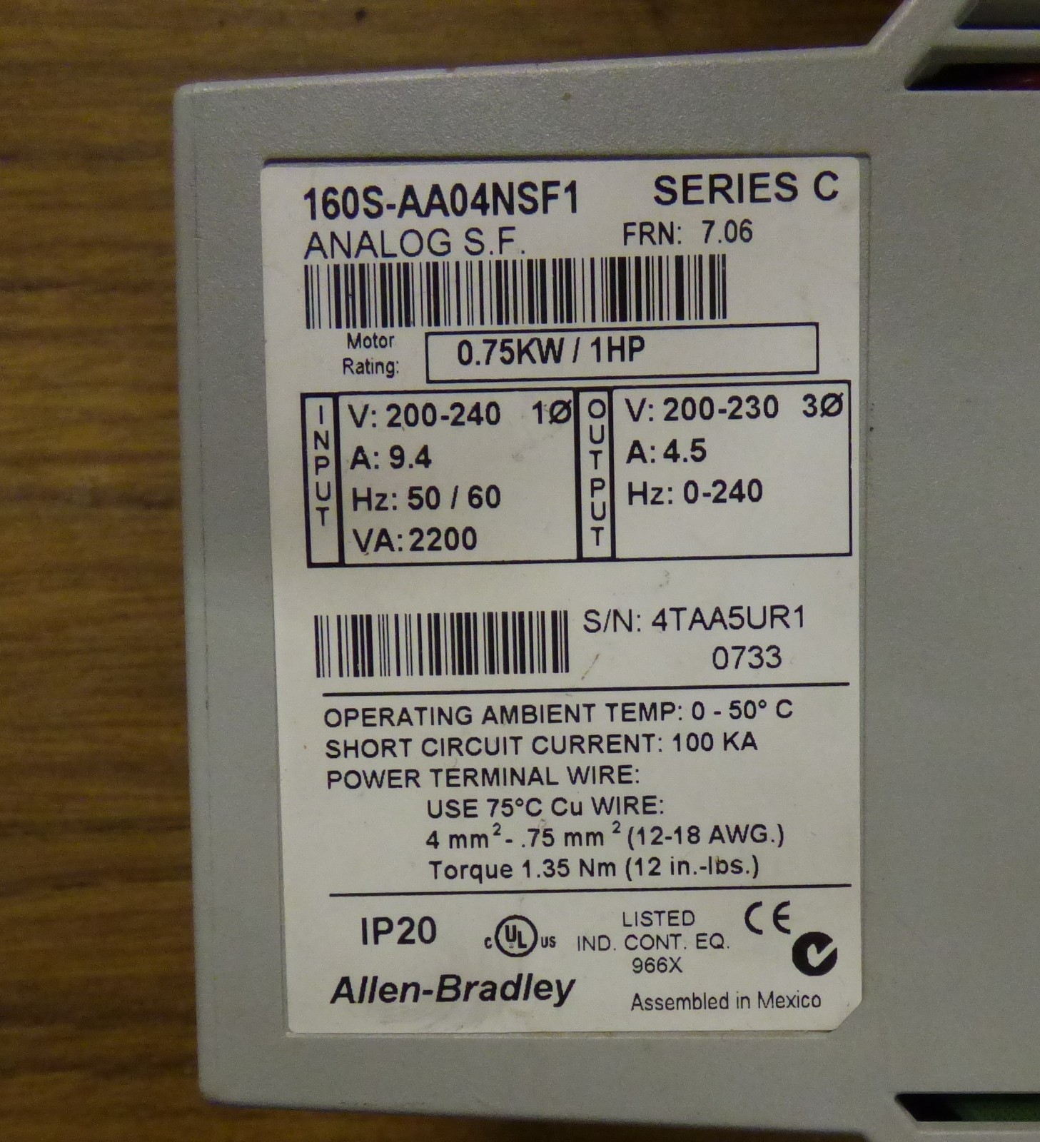 Allen Bradley 160S-AA04NSF1 Ser. C Speed Controller FRN 7.06 1HP 200-240V 9.4A