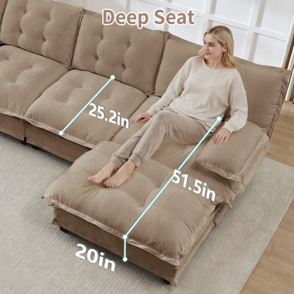 4 Seat L Shaped Sectional Sofa with Ottoman, Chenille Cloud Couch