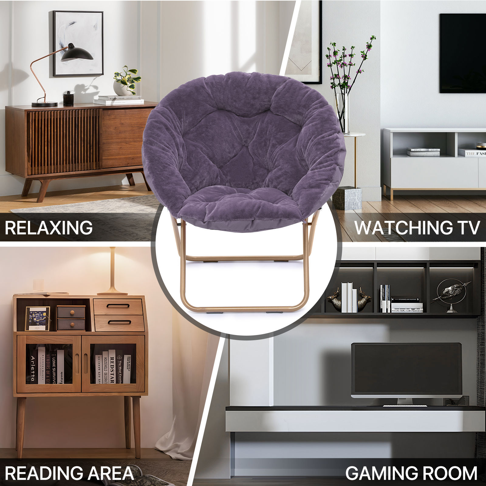 Purple Folding Faux Fur Saucer Accent Chair Padded Seat Moon Chair w/Metal Frame