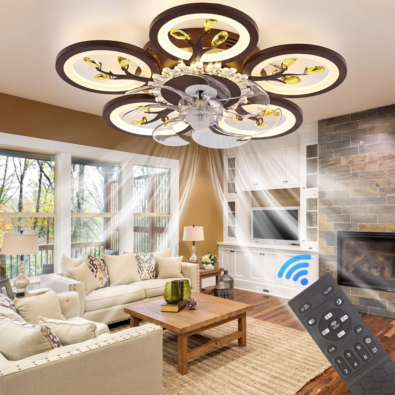 22.8 Inch Flower Ceiling Fan with Lights Remote Control, Silent 6 Speed 3 Col...