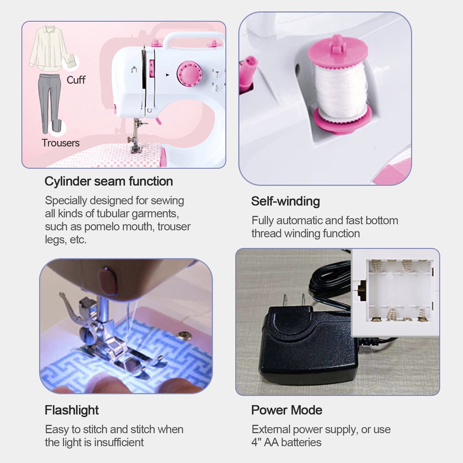 Mini Electric Sewing Machine 12 Stitches Double Thread Portable US Plug Pink