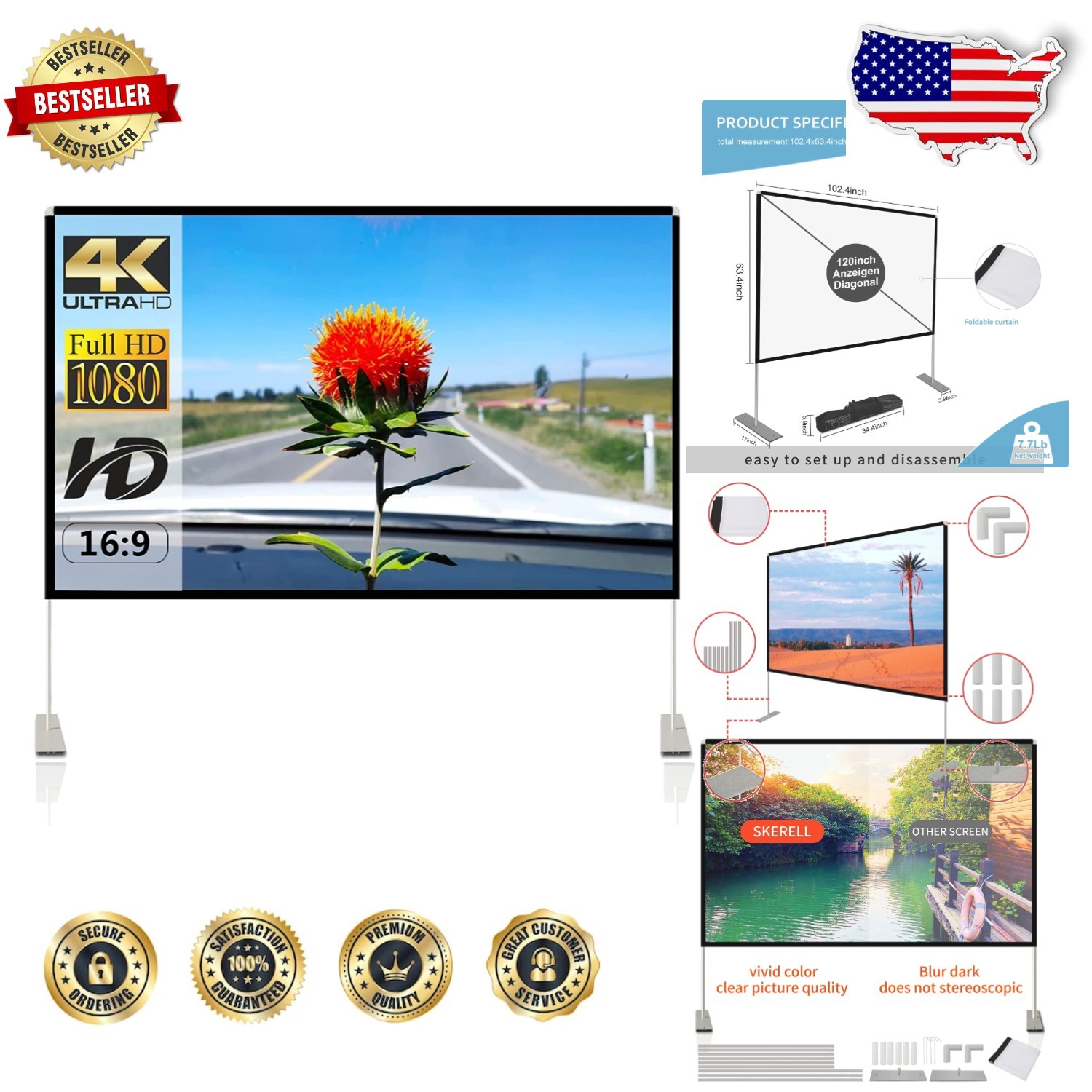 120 Inch Projector Screen with Stand - 4K HD, 16:9, 160° Wide Angle, Travel R...