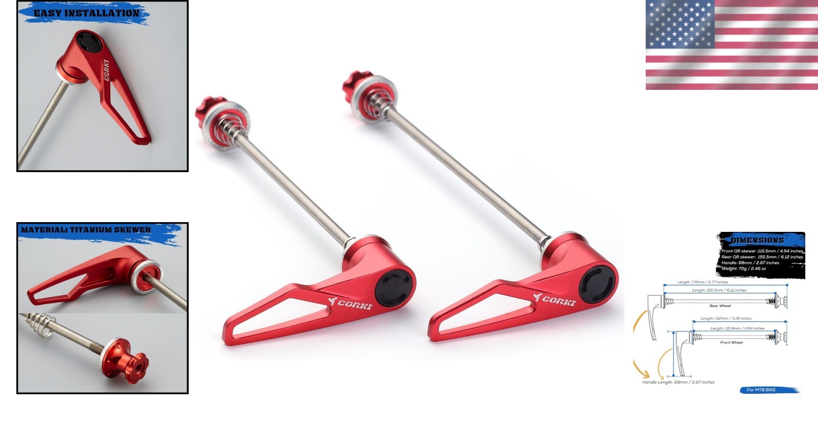 Red Titanium Alloy Bike Skewers - Enhanced Wheel Security - 2pc Set