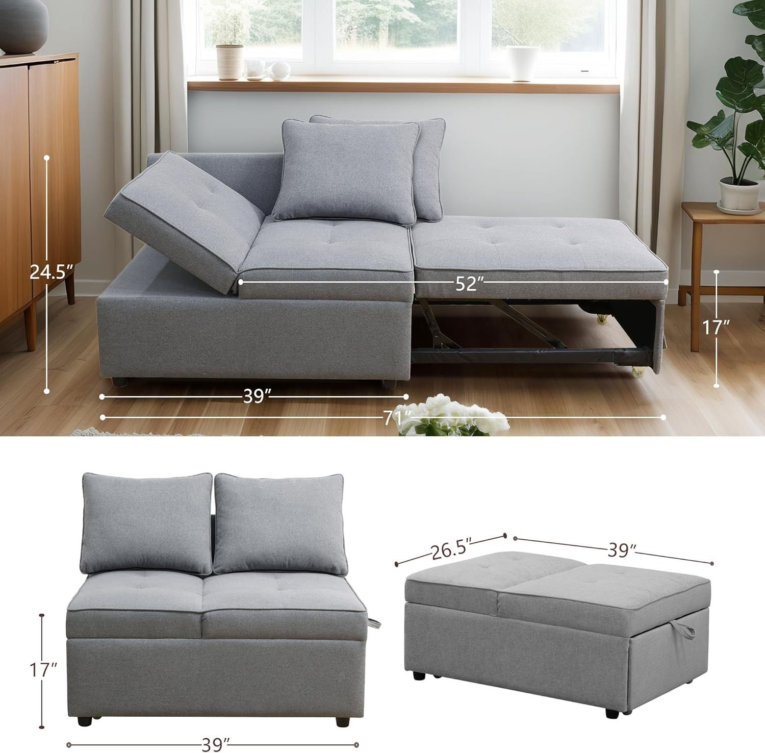 Sleeper Sofa 4-in-1 Convertible Ottoman Couch Bed Modern Sackcloth Futon Sofa
